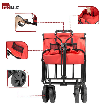 ForHauz Folding Collapsible Heavy Duty Wagon Cart with All-Terrain Wheels for Outdoor Utility, Beach and Garden, Red