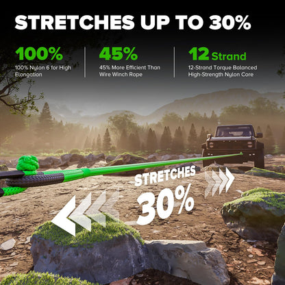 Kinetic Recovery Rope,1.26" x30ft Heavy Duty Offroad Tow Rope/60600 lbs Snatch Strap with Soft Shackles, 100% Nylon Offroad Towing Straps Kit for Truck ATV UTV SUV Jeep Car Tractor - Green