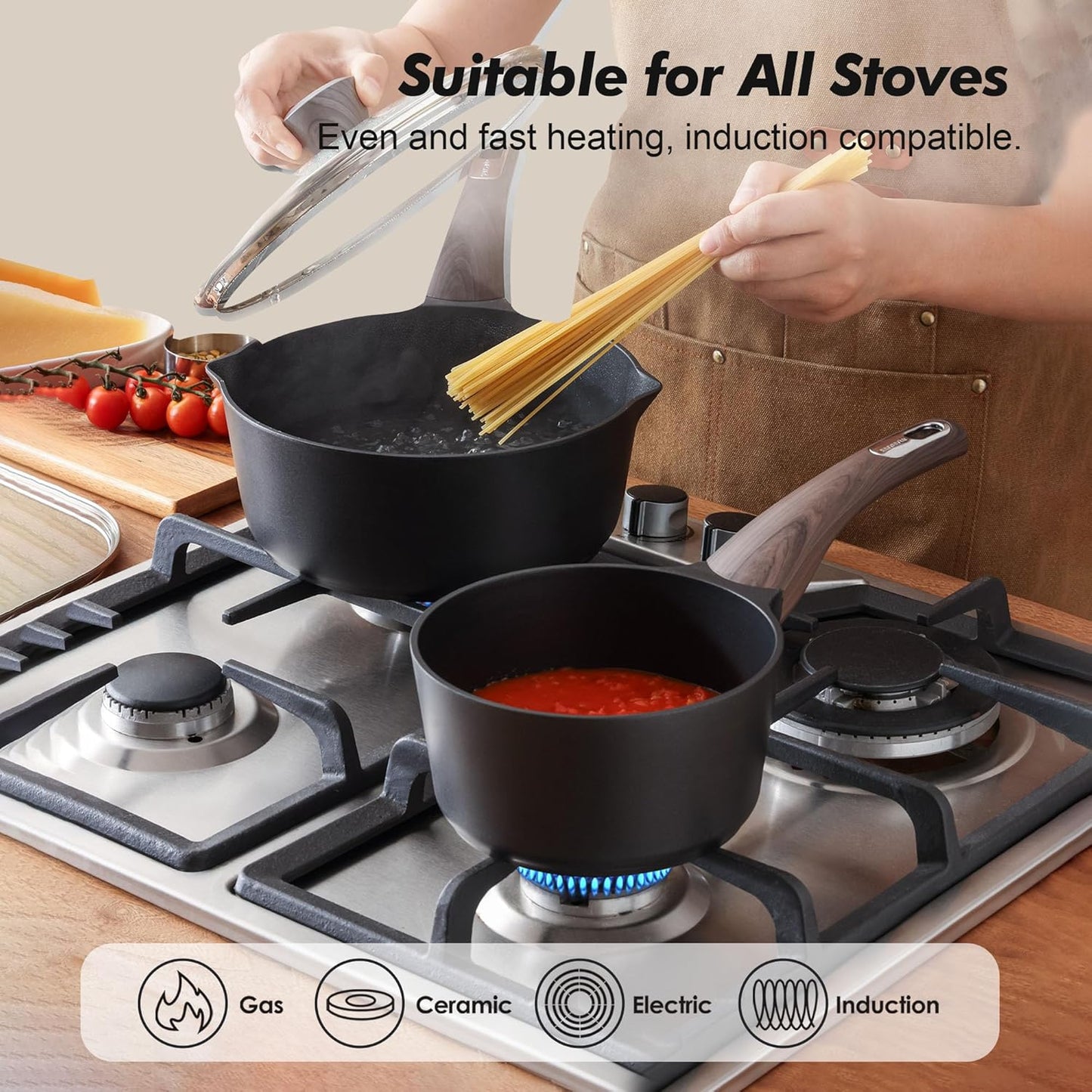 SENSARTE Nonstick Saucepan Set - 2.0 & 3.0 Quart Cooking Pots with Lid | Induction Compatible, Easy to Clean, PFOA Free
