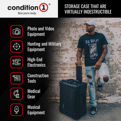 Condition 1 31" Large Waterproof Rolling Hard Travel Case Model 1258 with Wheels, Plastic Lockable, for Electronics, Tactical Gear, Made in USA, 31.6"x20.1"x12.66" Black