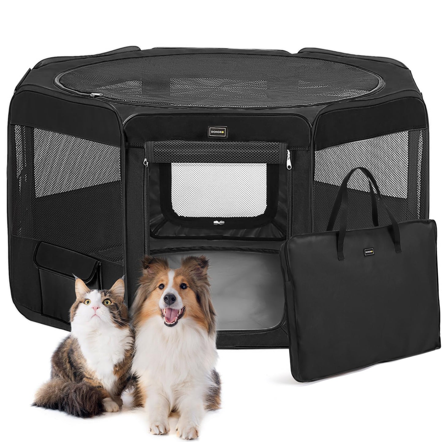 DONORO Dog Playpen Portable Pet Play Pens for Small Dog/Cat/Rabbit/Chicks, Cat Playpen Indoor/Outdoor with Carring Case, Removable Zipper Top and Bottom (Black, Extra Large (55"x55"x30"), 8)
