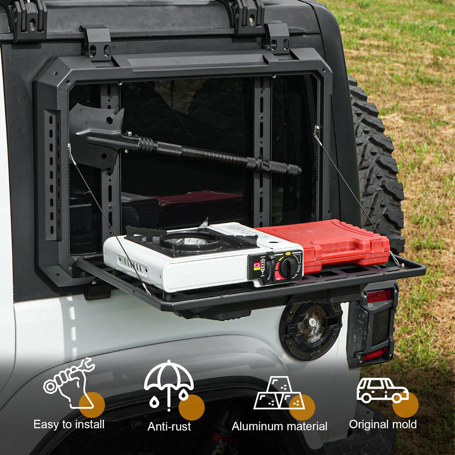 Z8 Rear Window Molle Storage Panel with Fold-Down Table, Tactical Organizer Compatible with 2018–2025 Jeep Wrangler JL & JLU 4-Door Hardtop, Heavy-Duty Aluminum Cargo Rack for Camping & Off-Road Gear