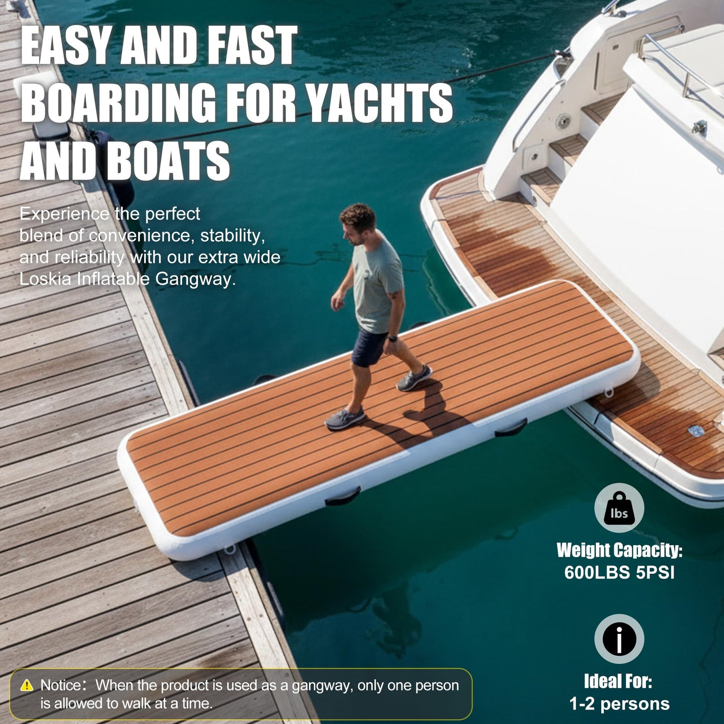 LOSKIA Inflatable Gangway for Yachts & Boats, Extra Width and Durable Dock Gangway with Non-Slip Surface, Portable and Space-Saving Floating Platform Connecting the Yachts and the Docks