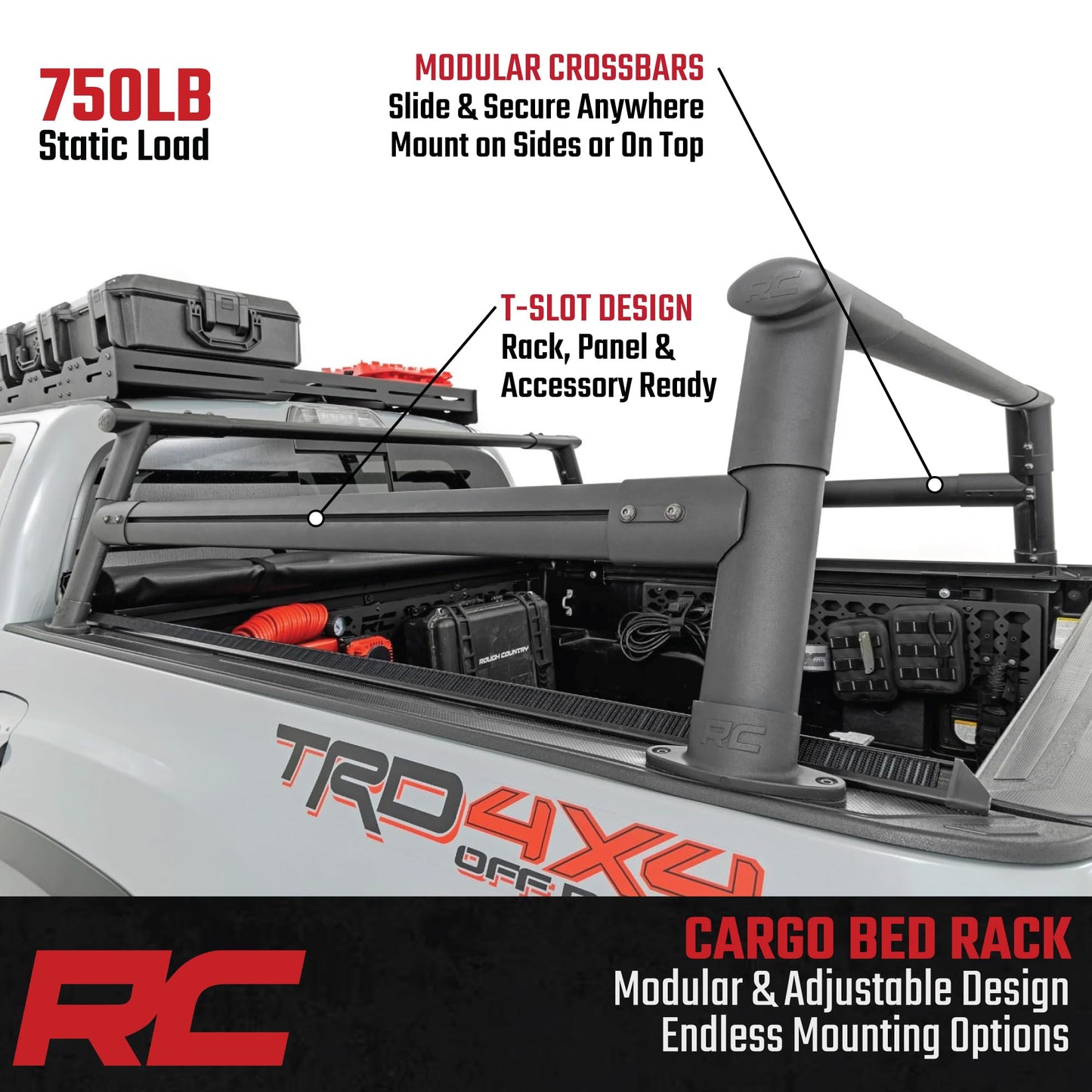 Rough Country Aluminum Bed Rack for 2005-2022 Toyota Tacoma - 73109,Black