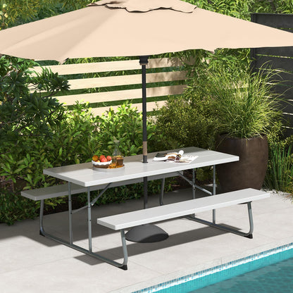 Tangkula 6 Ft Folding Picnic Table, Outdoor 8 Person Large Picnic Table Set with 2 Built-in Benches, Umbrella Hole, Metal Frame & HDPE Tabletop for Garden, Backyard (Grey)
