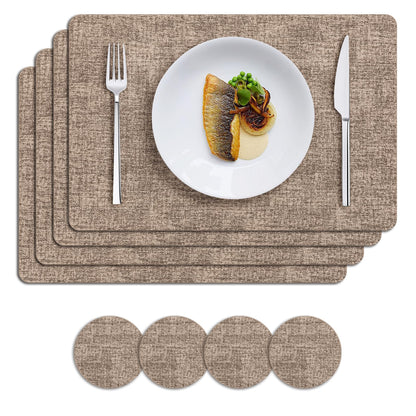 MOSAYT Faux Leather Placemats Set of 12, Heat Resistant Vinyl Place Mats with Coasters, Wipeable Washable 100% Waterproof Oil Proof Table Mat for Kitchen Dining Party Indoor Outdoor, 12" x 17", Khaki