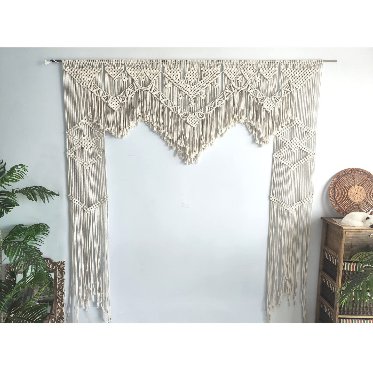 ANMINY Boho Macrame Wedding Backdrop for Arbor Arch Large Macrame Curtains Wall Hanging Handmade Window Doorway Macrame Curtains Tapestry Art Decor with Tassels 79''W x 79''L