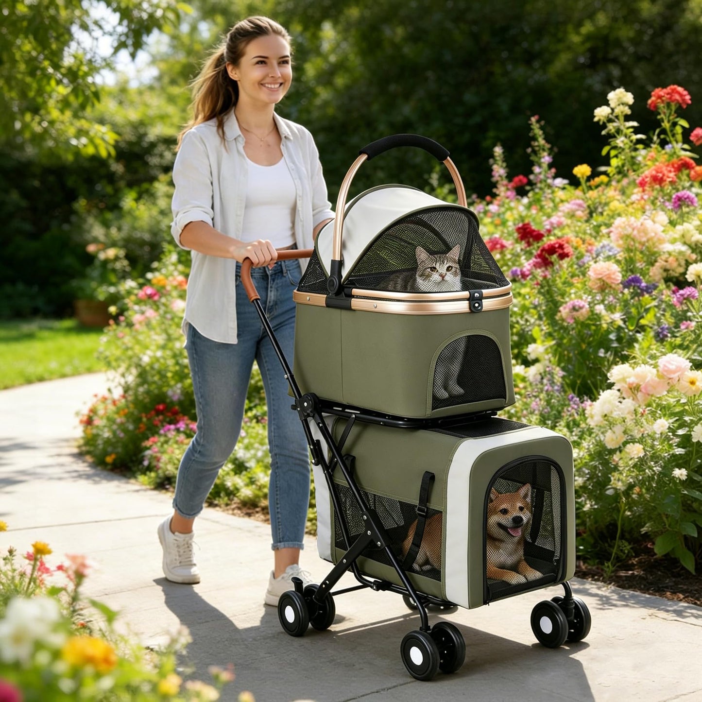 Double Pet Stroller for Dogs and Cats: Dog Stroller Foldable Travel Carriage with Detachable Carriers, Safety Belts, and 4 Lockable Wheels for Small to Medium Pets – Ideal for Multi-Pet Homes (Green)
