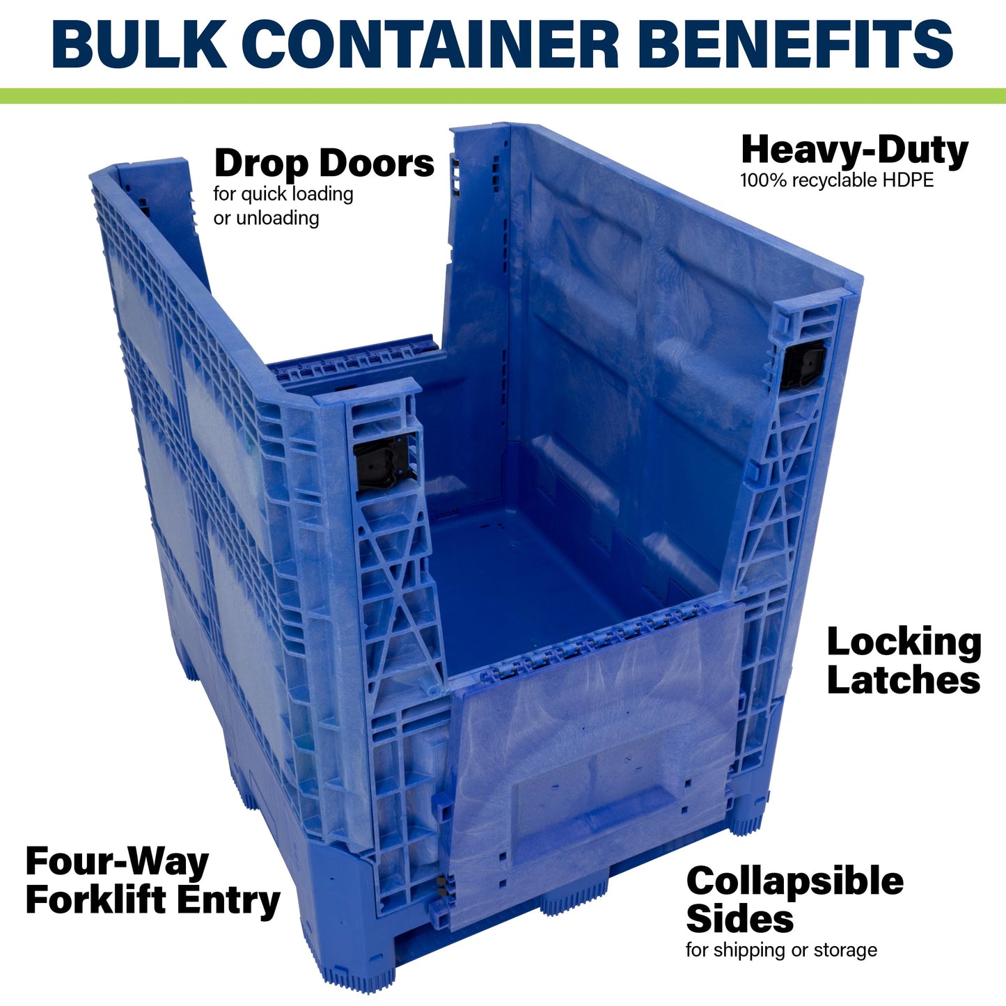 Buckhorn 48" x 40" x 46" Collapsible Bulk Box Container, General Purpose Plastic Stacking Gaylord Box with 4-Way Forklift Access and 2 Drop Doors, 1100 lb Capacity Storage Tote, Blue (BG48404602)