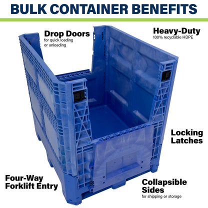 Buckhorn 48" x 40" x 46" Collapsible Bulk Box Container, General Purpose Plastic Stacking Gaylord Box with 4-Way Forklift Access and 2 Drop Doors, 1100 lb Capacity Storage Tote, Blue (BG48404602)