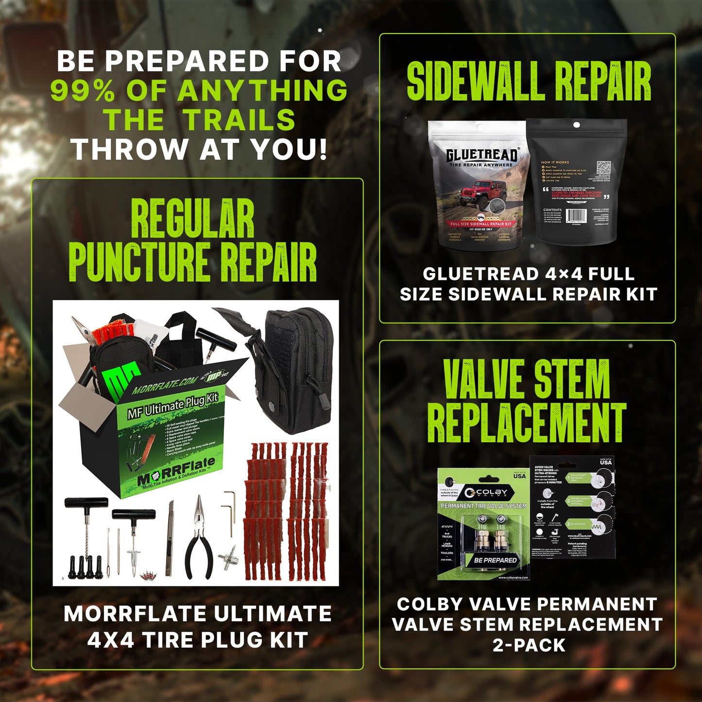MORRFlate Xtreme 4×4 Tire Repair Kit Complete Off-Road Tire Repair Includes Tool Roll Bag, Tire Plug Kit, GlueTread Sidewall Tire Repair Kit, and Two Colby Valve Permanent Valve Stem Replacements