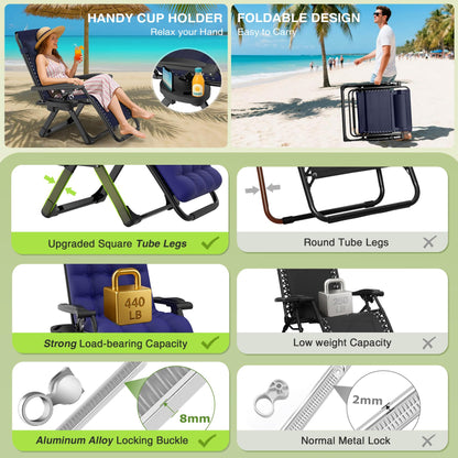 Suteck Zero Gravity Chair Set of 2, Reclining Camping Lounge Chair w/Removable Cushion, Upgraded Lock and Cup Holder, Reclining Patio Chairs Folding Recliner for Indoor and Outdoor