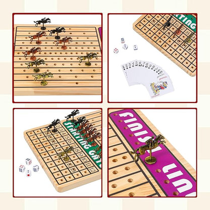 21 in Horse Race Board Game Racing Game Thickened Solid Wood with 11 Metal Horses 2 Cards &amp 4 Dice Horse Racing Game for 2-6 Players
