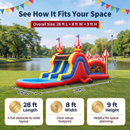WONDER DOME 28FT Carnival Obstacle Course Water Slide, Wet/Dry Inflatable Bounce House with Climbing Wall, Obstacles & Dual Slides, Commercial-Grade PVC, Blower Included