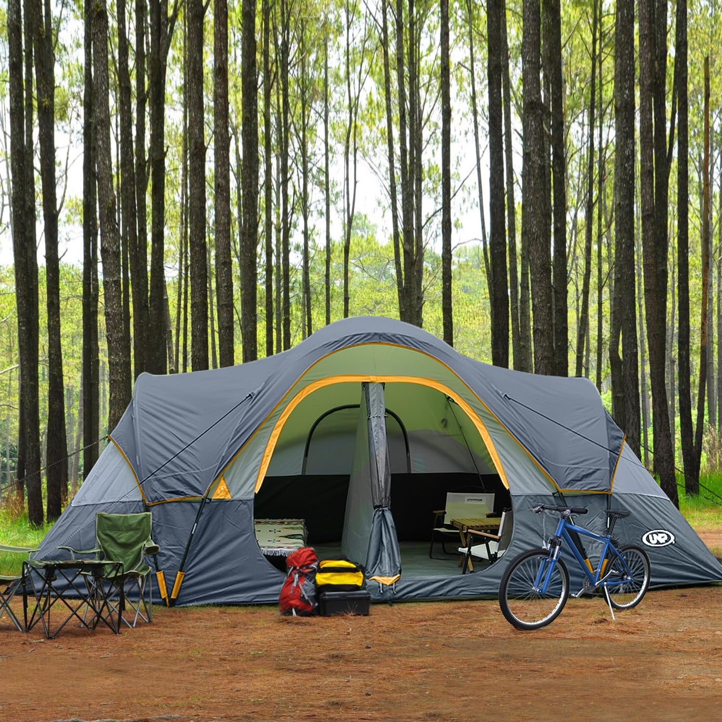 UNP Camping Tent 10-Person-Family Tents, Parties, Music Festival Tent, Big, Easy Up, 5 Large Mesh Windows, Double Layer, 2 Room, Waterproof, Weather Resistant, 18ft x 9ft x78in (Gray)