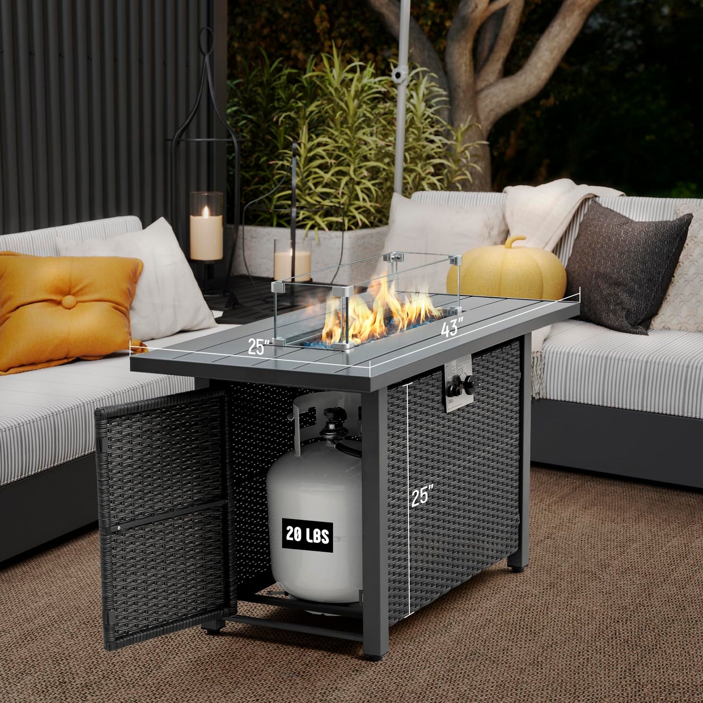 Werph 43" Propane Fire Pit Table with Rattan Fence, 50,000 BTU Gas Fire Pits for Outside Patio with Auto-Ignition, 2-in-1 Fire Table with Natural Lava Rock, Wind Guard& Removable Lid, Black