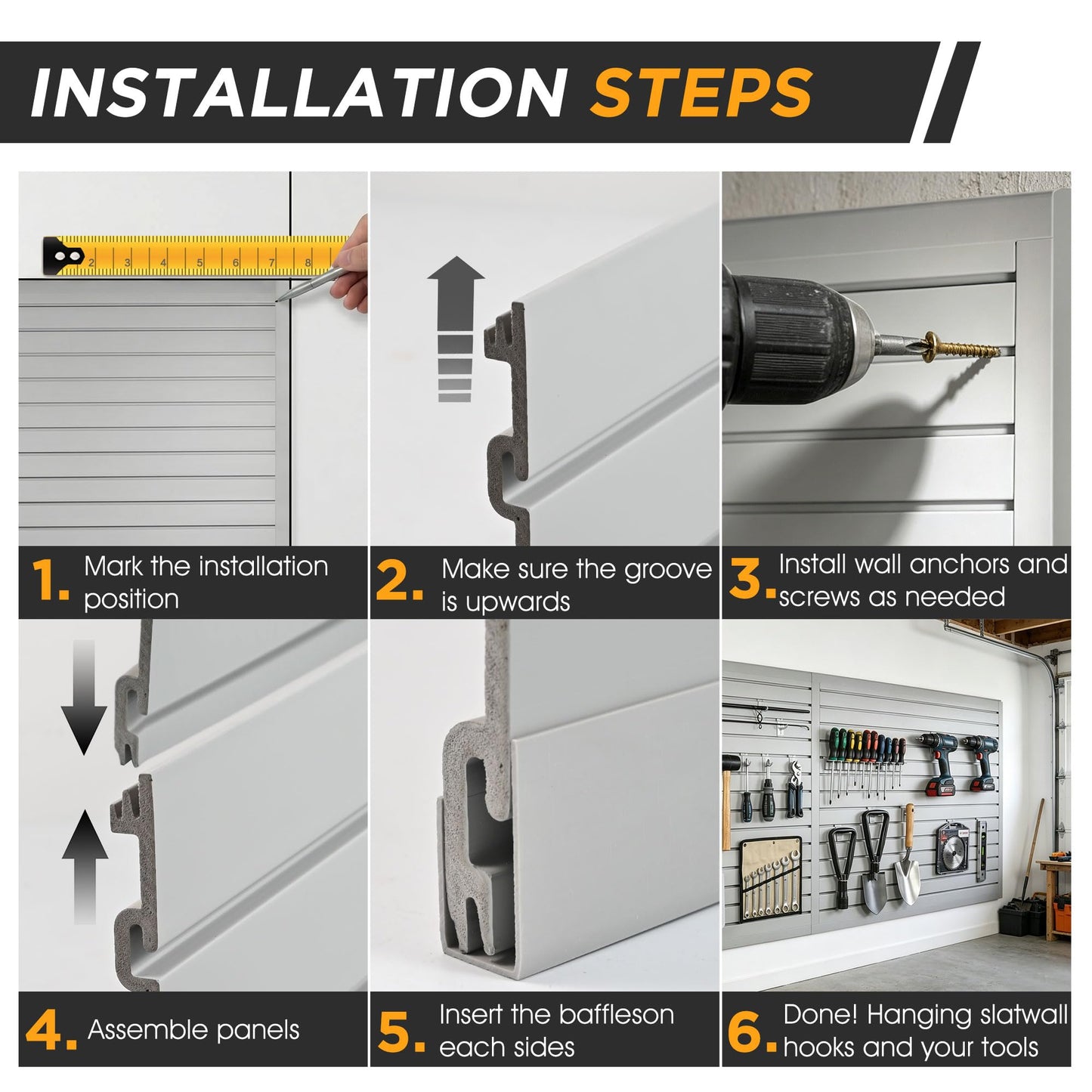 4'x8' Slatwall Panel Garage Storage System, PVC Slat Wall Paneling, Heavy Duty Wall Mount Slatwall Organizer for Garage Tool Organization, Retail Display, Guitar Shop & Home Wall Storage, Grey