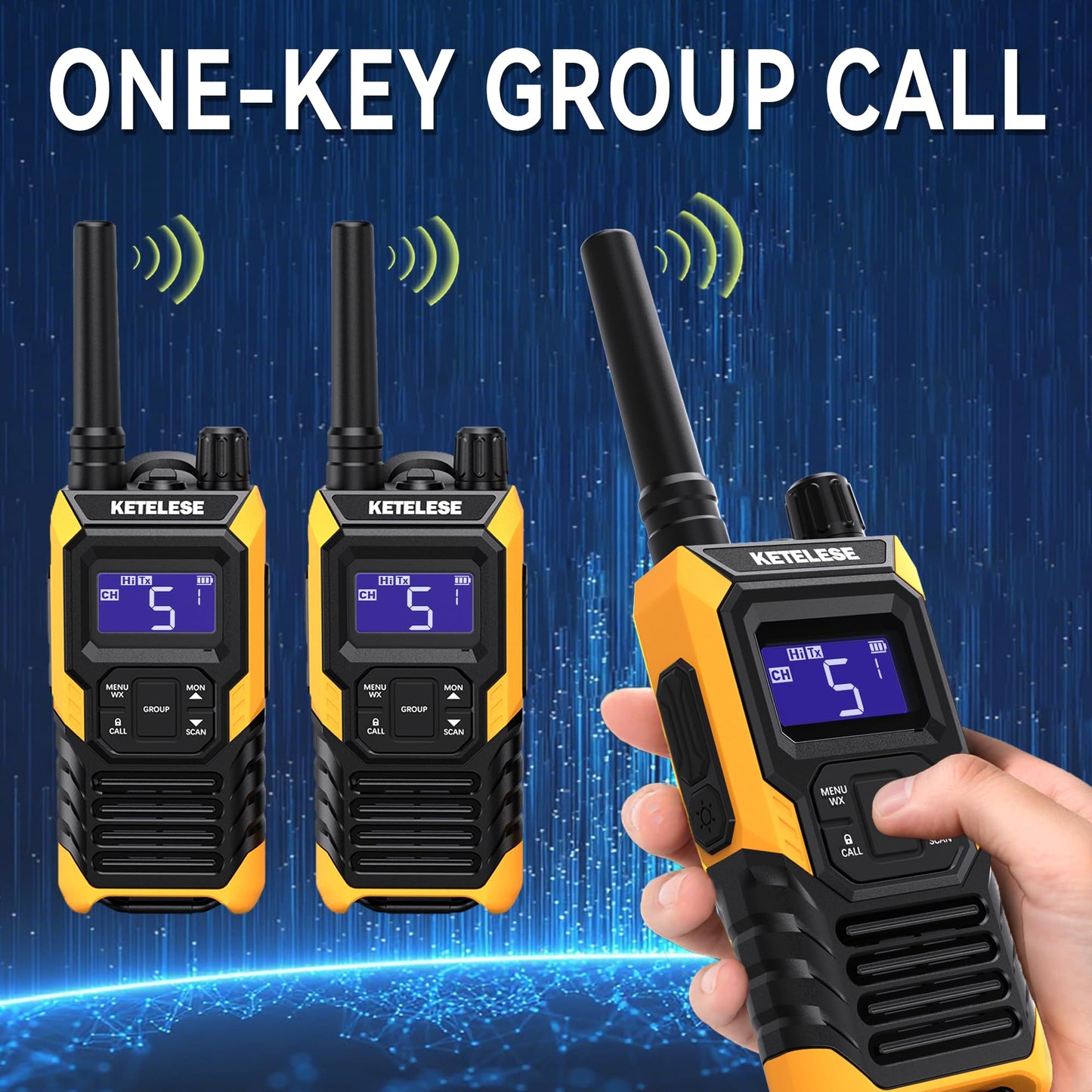 KETELESE T4 Long Range Walkie Talkies, Portable Two Way Radios IP67 Waterproof, with Earpiece, NOAA&Weather Alert, PTT, Group, VOX, 4Pack, Orange