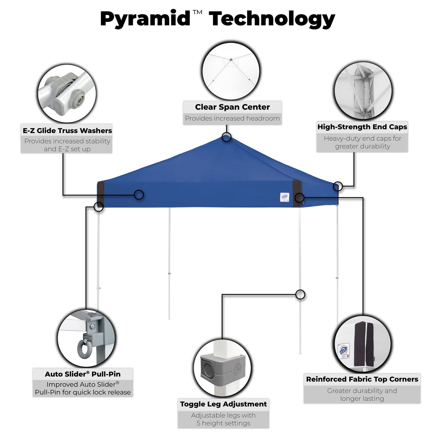 E-Z UP Pyramid Instant Shelter Canopy Pop Up Tent, 10' x 10' with Wide-Trax Roller Bag & 4 Piece Spike Set, Royal Blue