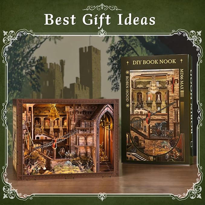 Book Nook Kit DIY Doll House Booknook Miniature Kit for Bookshelf Doll Houses for Adults Teen Halloween 3D Wooden Puzzle Bookends with Led Light and Dust Cover (Robin Hood)