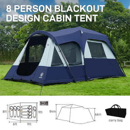 EVER ADVANCED 8 Person Blackout Design Cabin Tent, Camping Family Tent with Multi Room & Extra Porch and Rainfly, 2 Rooms Huge Portable with Carry Bag, Blue