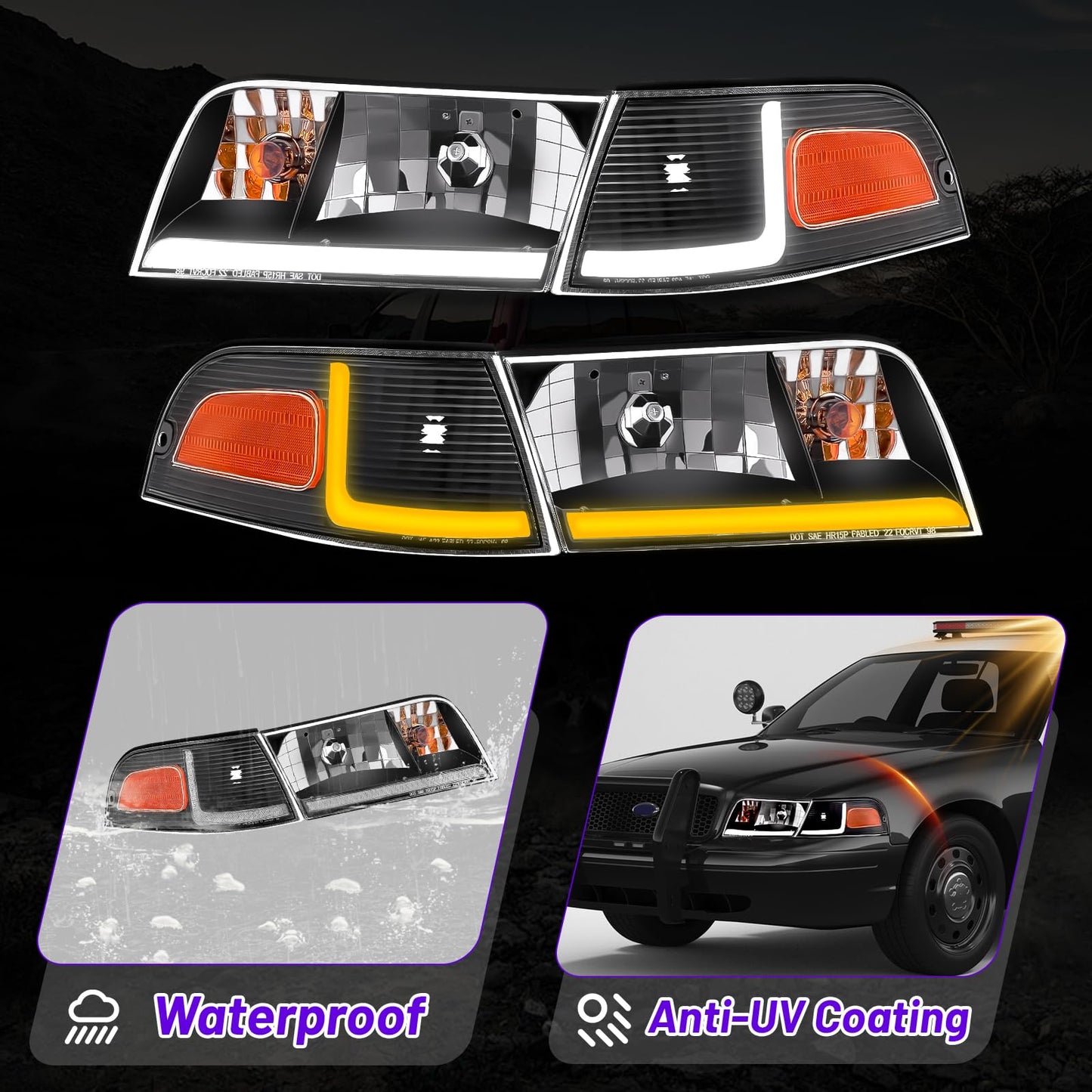 XGWZ Headlight Assembly LED DRL Compatible with 1998-2011 Ford Crown Victoria 98-11 Ford Crown Victoria w/Corner Headlamp (Black Housing Amber Reflector, B)