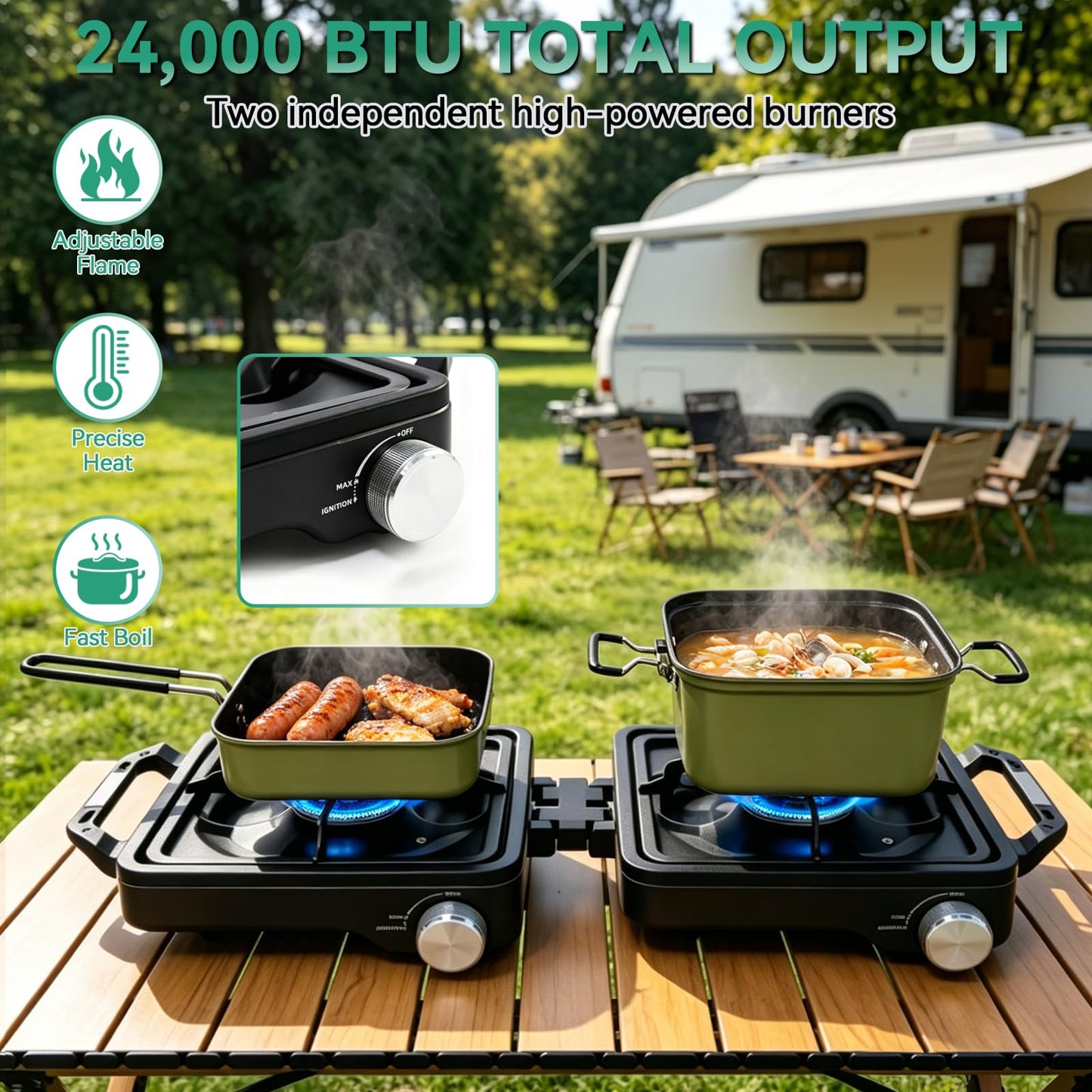 2 Burner Camping Stove 24000 BTU, Portable Propane Camp Stove Set with Frying Pan and Pot, Wind Shield, Griddle, Adjustable Dual Gas Stoves Camping Cooking Kit For RV, Tailgating, Survival, Black