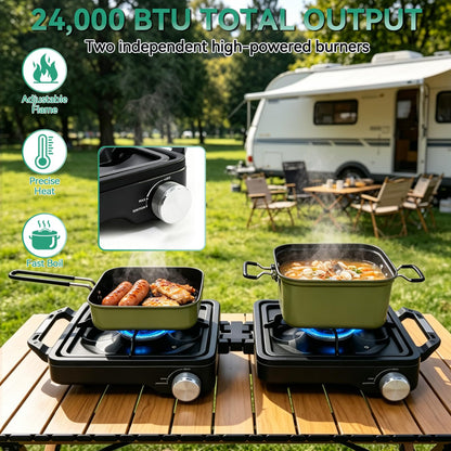 2 Burner Camping Stove 24000 BTU, Portable Propane Camp Stove Set with Frying Pan and Pot, Wind Shield, Griddle, Adjustable Dual Gas Stoves Camping Cooking Kit For RV, Tailgating, Survival, Black