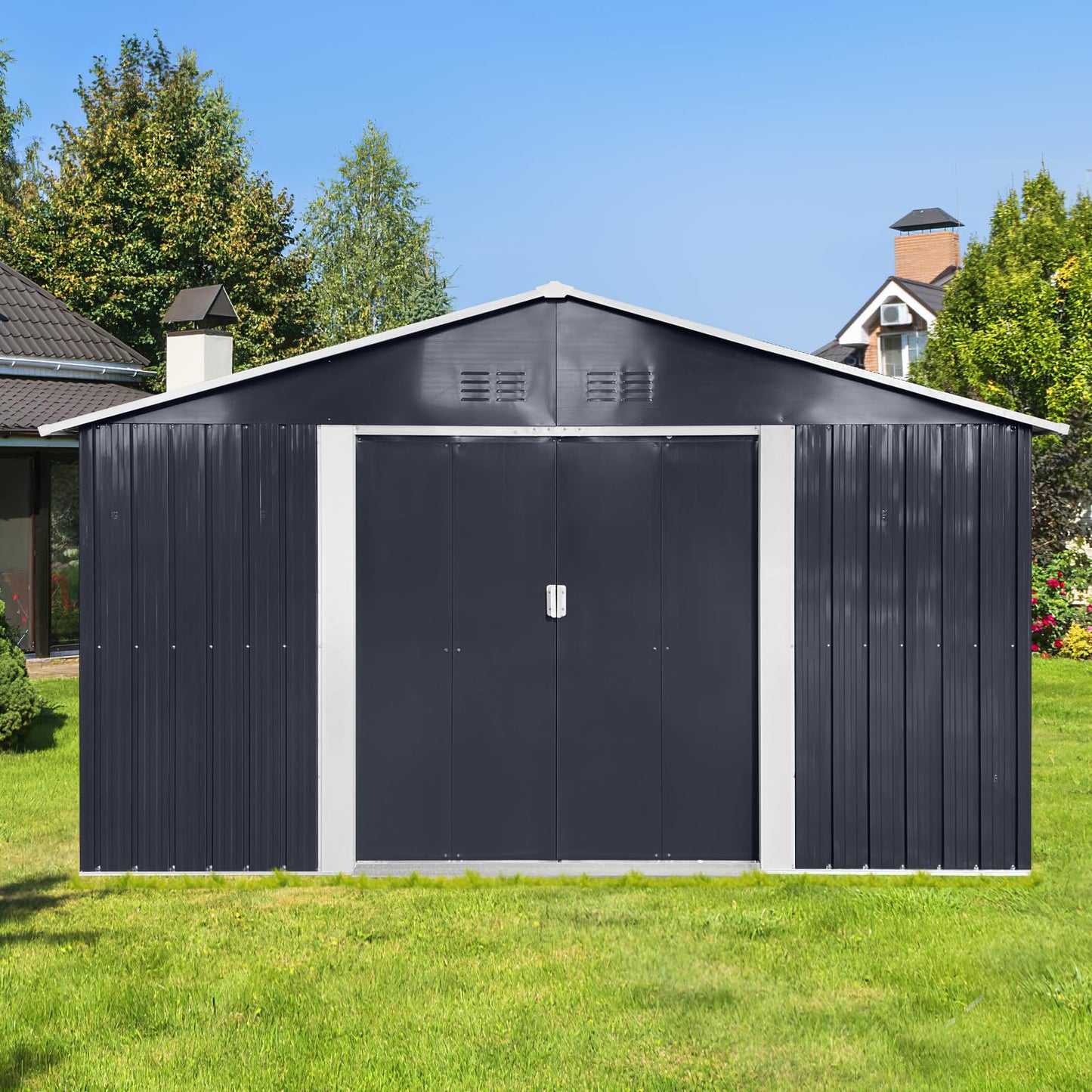 KEIKI 10.6 x 11.2FT Outdoor Storage Shed with Window, Sliding Door, Sloped Roof，Metal Garage Tool Bike Sheds for Backyard, Garden, Patio, Lawn,Gray