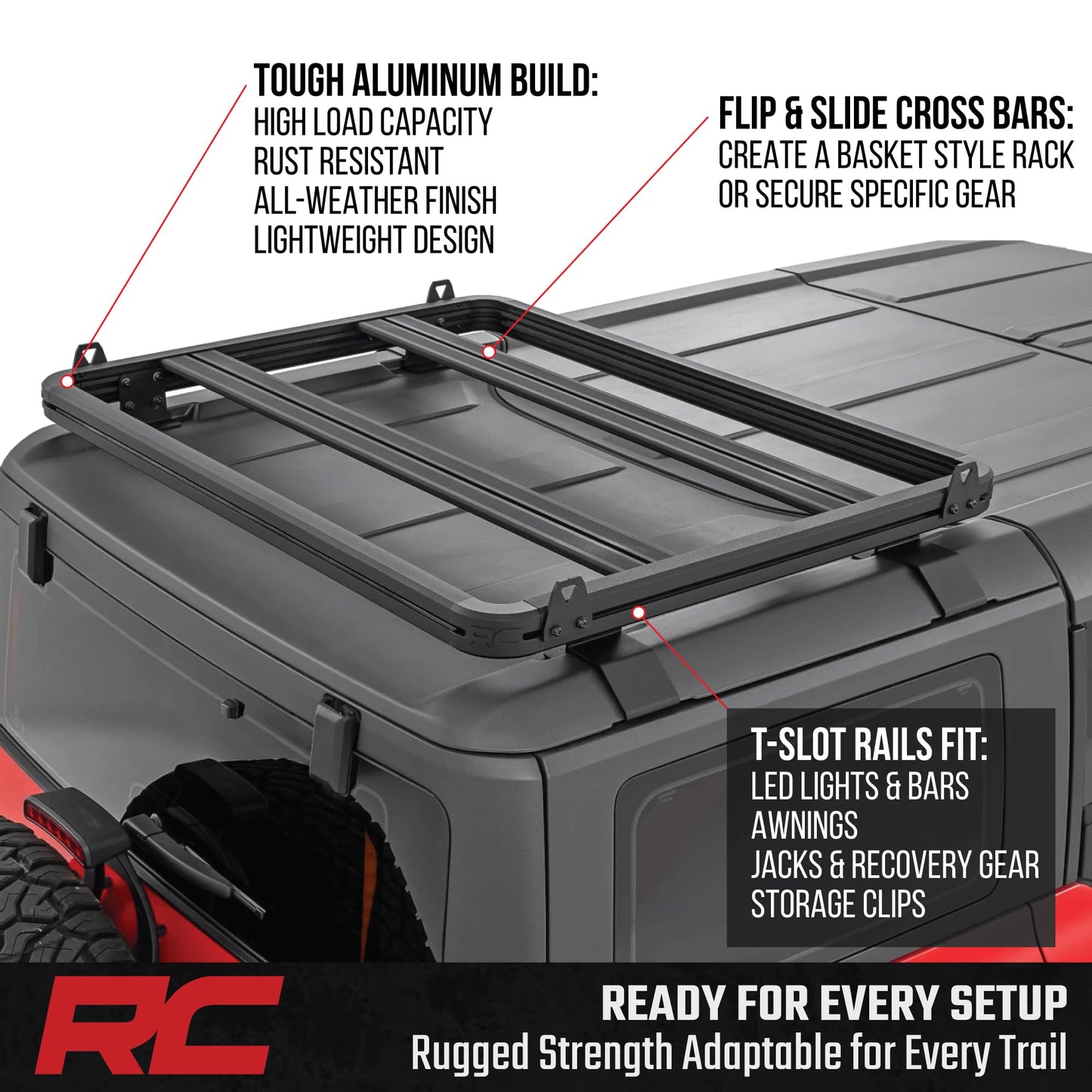 Rough Country Half Roof Rack for Ford Bronco 4-Door (2021–2026) - Aluminum Cargo Carrier with T-Slot Crossbars, 600 lb Load, Overland Roof Storage