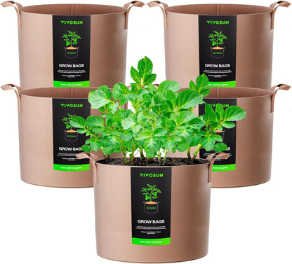 VIVOSUN 20 Gallon Heavy Duty Grow Bags - 5-Pack Thickened Nonwoven Fabric Pots with Strap Handles | Tan