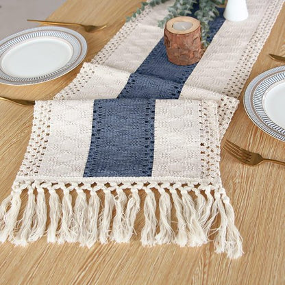 FEXIA Boho Table Decor 48 Inch Cream & Blue Macrame Runner with Tassels for Boho Dining & Bedroom Decor Rustic Bridal Shower (12x48 Inches)