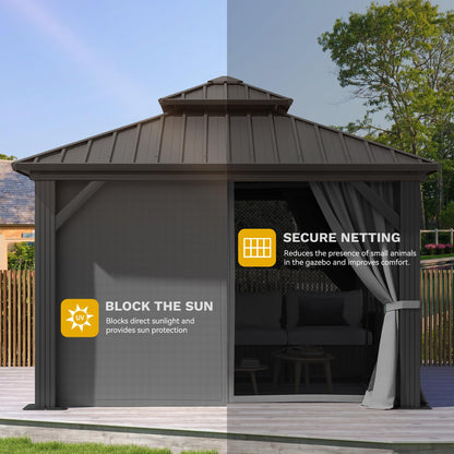 DWVO 10x10ft Hardtop Gazebo Double Roof Hardtop with Nettings and Curtains, Heavy Duty Aluminum Frame Galvanized Steel Outdoor for Patio, Backyard, Deck, Lawns, Grey