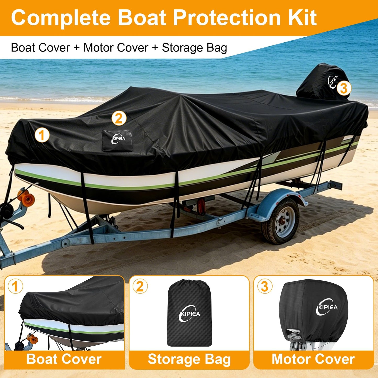 Kipiea 1300D Boat Cover - Heavy Duty Waterproof Boat Covers and Motor Cover, Double PU Waterproof, Fits V-Hull, Fish & Ski, Pro-Style, Bass Boats, Fishing (20'-22' Long X 100" Wide)