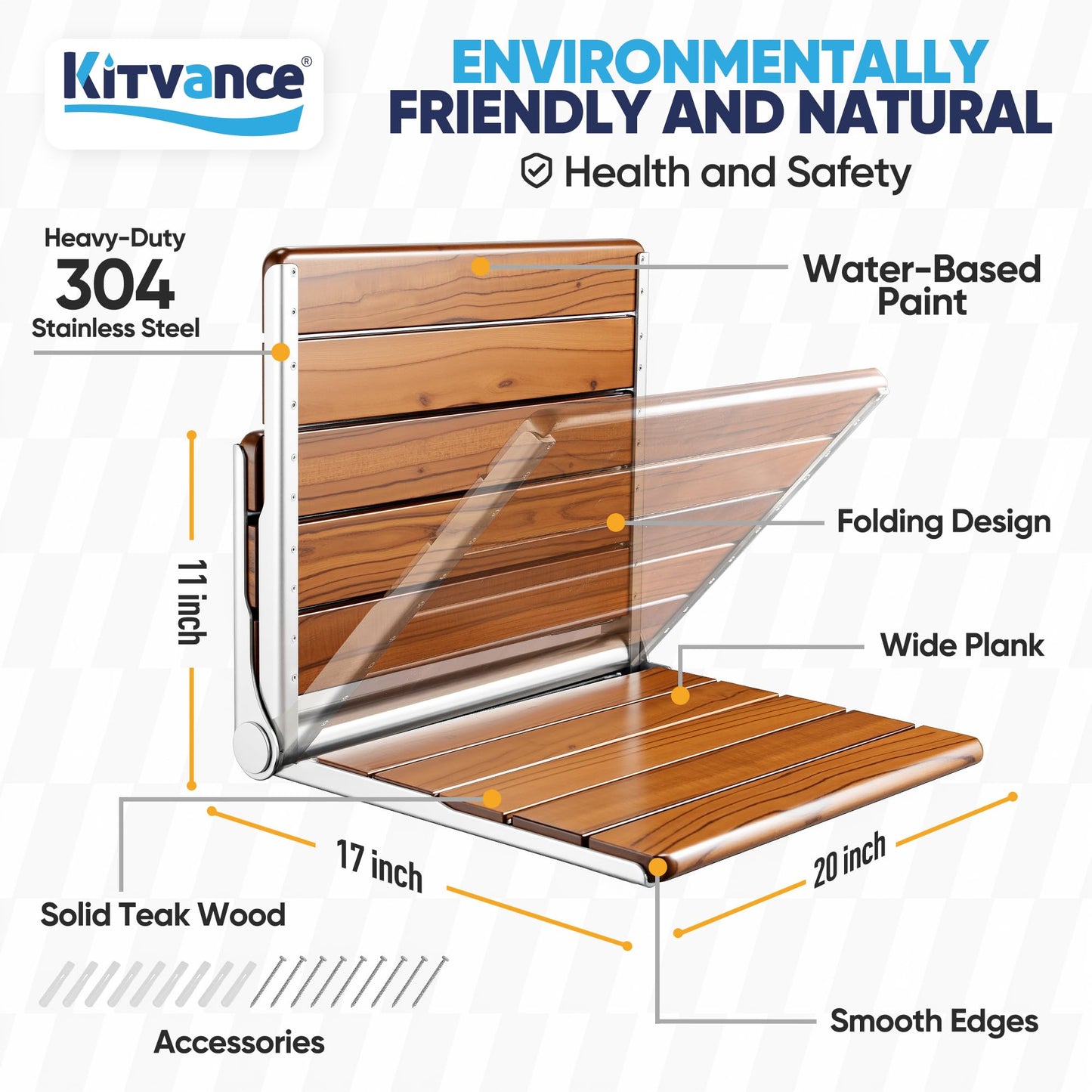 [Upgraded Version] 20" Folding Teak Shower Seat Wall Mounted- Shower Bench for Inside Shower, ADA Compliant Teak Shower Seat Wall Mounted Bench Bathroom Stool, Folding Bathtub Shower Seat for Elderly