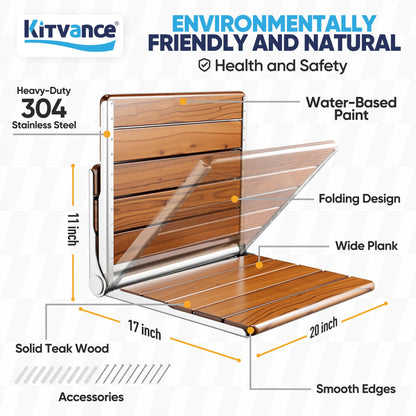 [Upgraded Version] 20" Folding Teak Shower Seat Wall Mounted- Shower Bench for Inside Shower, ADA Compliant Teak Shower Seat Wall Mounted Bench Bathroom Stool, Folding Bathtub Shower Seat for Elderly