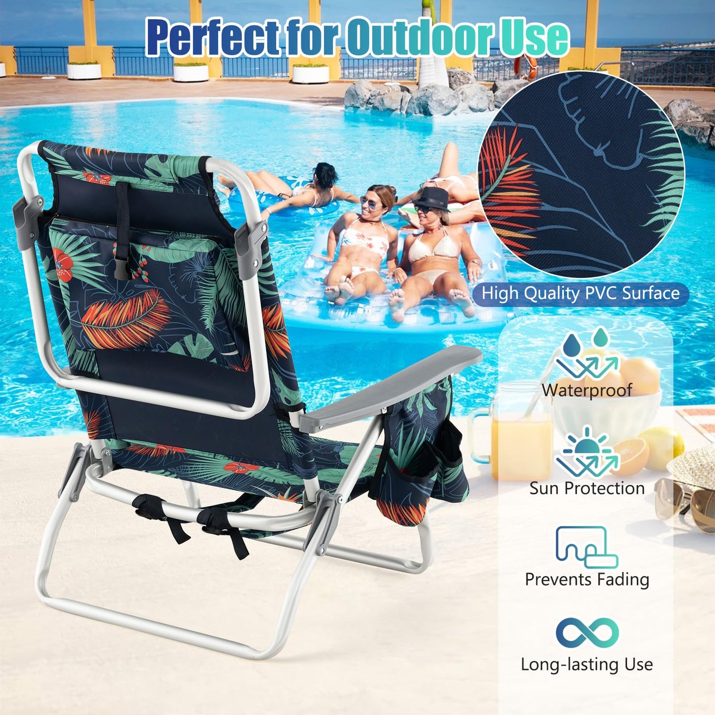 GYMAX Beach Chairs, Backpack Camping Chair with Armrest, Cooler Bag, Cup Holder, Towel Bar & Side Pockets, Sunbath Sling Tanning Lounge, Folding Layout Chair (Without Table, Flower)