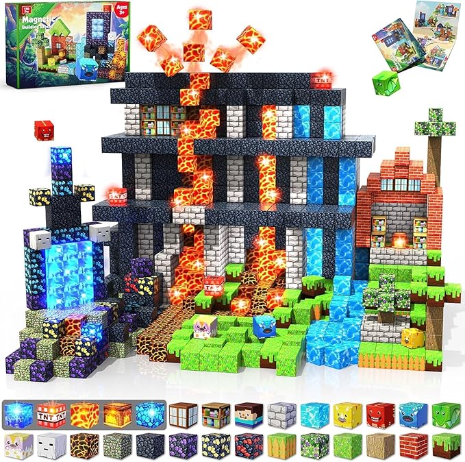 Magnetic Blocks - 150 PCS Dinosaur Volcano Forest Castle Set with Light Up Blocks - Kids Classroom Sensory Toy for Toddlers STEM Construction Stacking Toy Kids 3+ Boys Easter Basket Stuffers