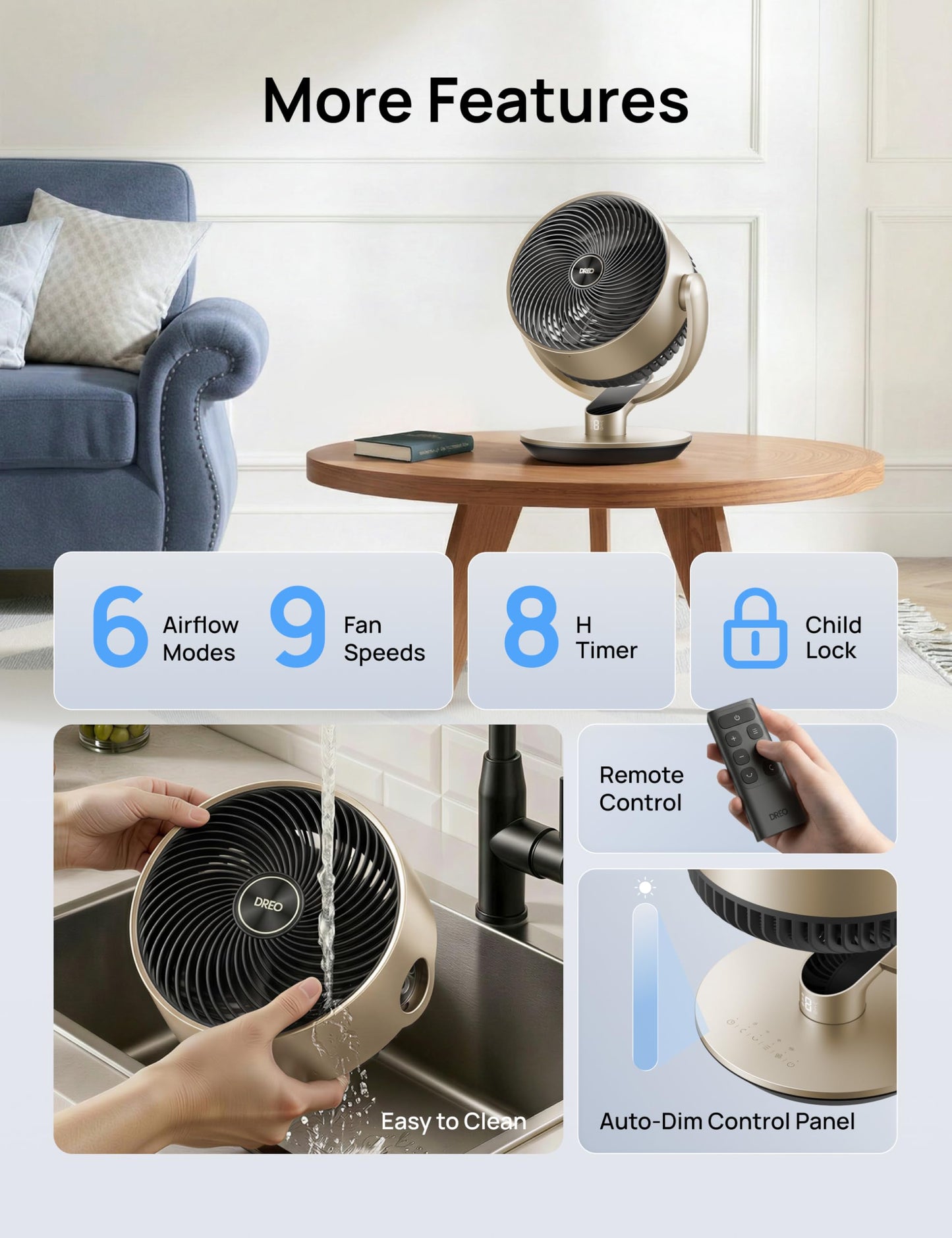 DREO 16''Height 20dB Quiet Smart Fans for Bedroom, DC Room Fan with Remote, 120°+120° Omni-Directional Oscillating Fan, 6 Modes, 9 Speeds, 12H Timer, Alexa/Google/WiFi/Voice Control, Gold