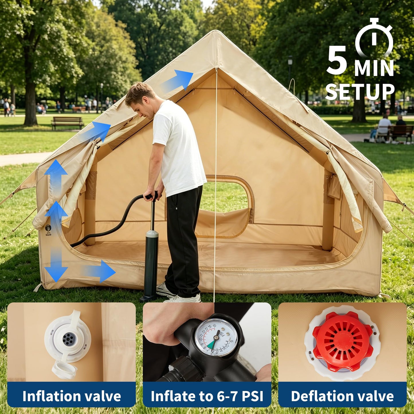 Inflatable Camping Tent for 2-6 Person, Quick Setup Blow Up Tent with Hand Pump, Waterproof 4 Season Air Glamping Tent with Skylight, Mesh Windows & Stove Jack, for Camping, Beach, Outdoor