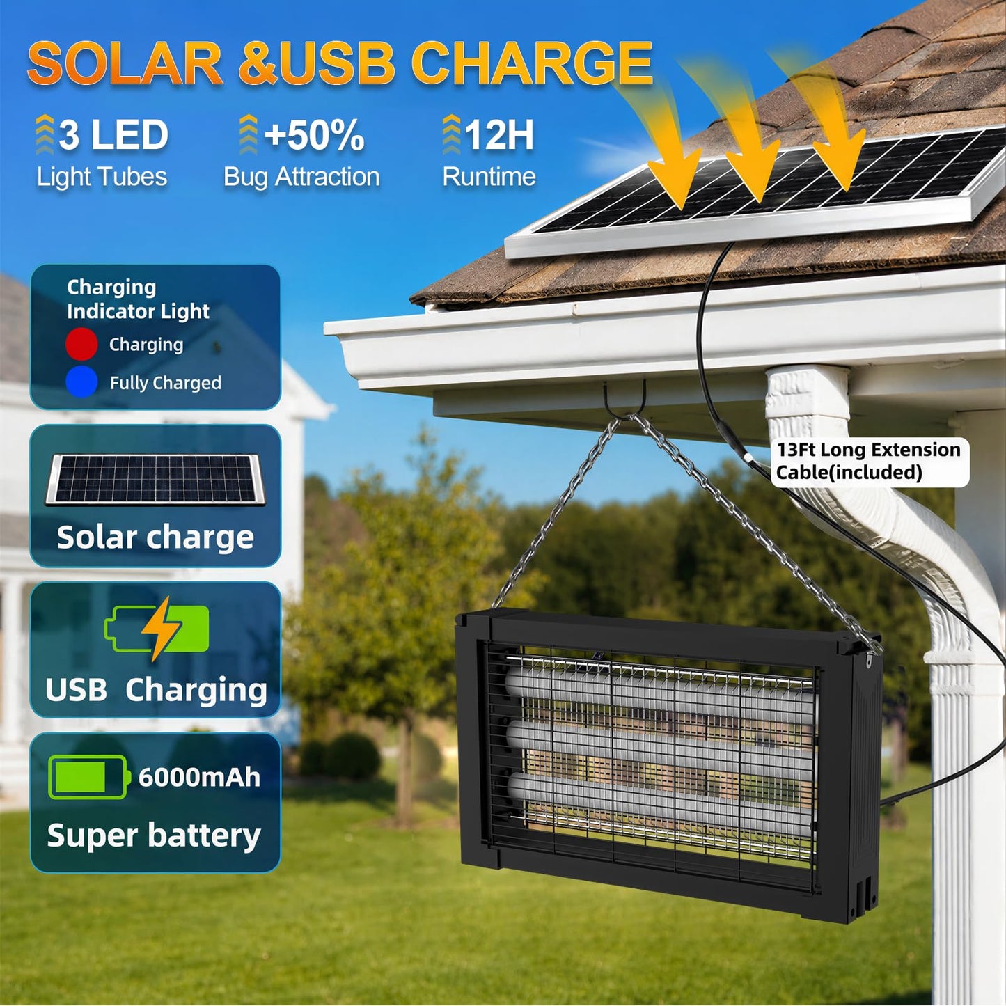 Solar Bug Zapper Outdoor, Poartable Rechargeable Mosquito Zapper with 3 LED Tubes, IPX4 Solar Fly Zapper, Cordless Portable for Patio Garden Backyard RV Camping, with 13W Solar Panel Covers 3000 sq.ft