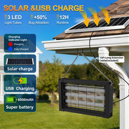 Solar Bug Zapper Outdoor, Poartable Rechargeable Mosquito Zapper with 3 LED Tubes, IPX4 Solar Fly Zapper, Cordless Portable for Patio Garden Backyard RV Camping, with 13W Solar Panel Covers 3000 sq.ft