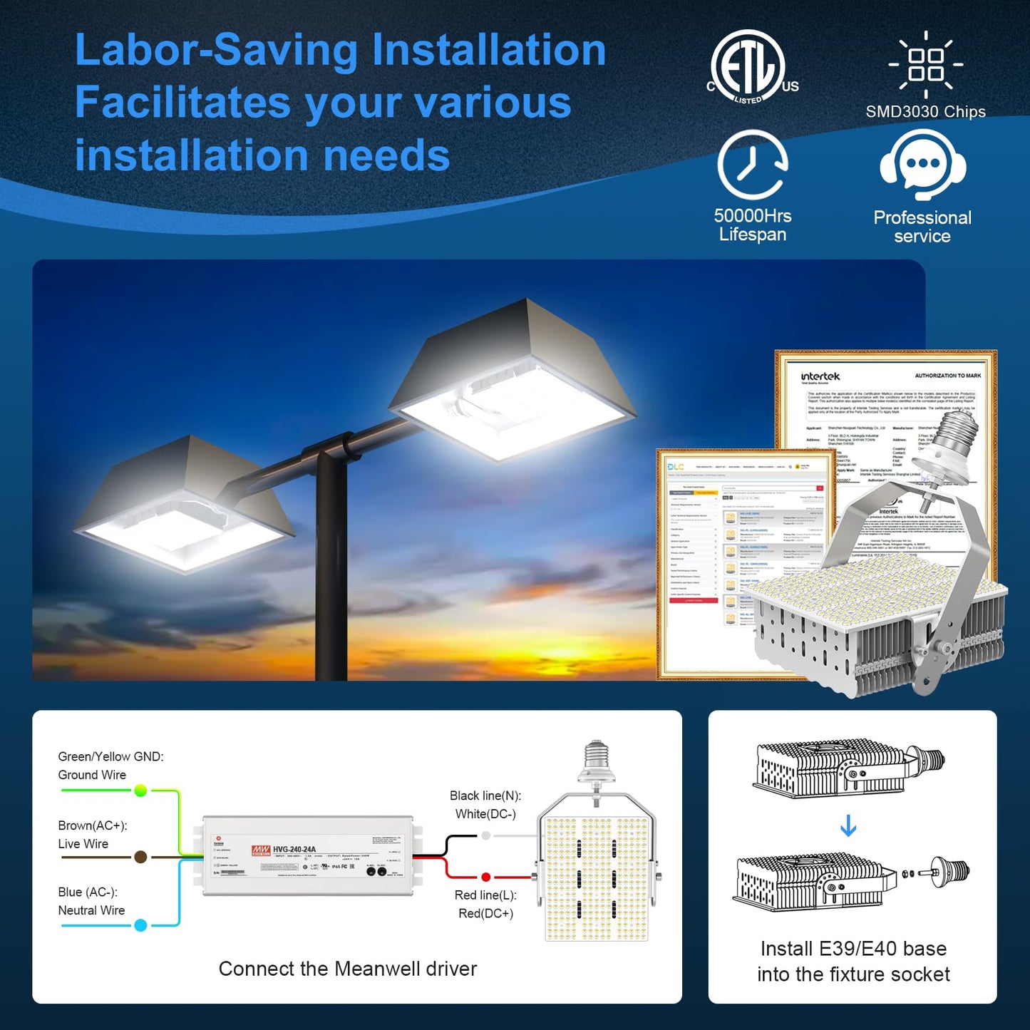 LED Retrofit Kit for Parking Lot Light, 240W 34800LM 200-480V ETL Commercial LED Shoebox Light Replacement, 5000K Daylight E39 Mogul Base LED Shoebox Retrofit Kit for Outdoor Flood Light, Tennis Court