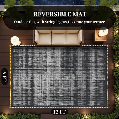 MontVoo Outdoor Rug Waterproof 9x12 ft with Strip Lights Outdoor Patio Rug Mat Reversible Plastic Straw Rug Outside Outdoor Rug for RV Camping Picnic Balcony Backyard