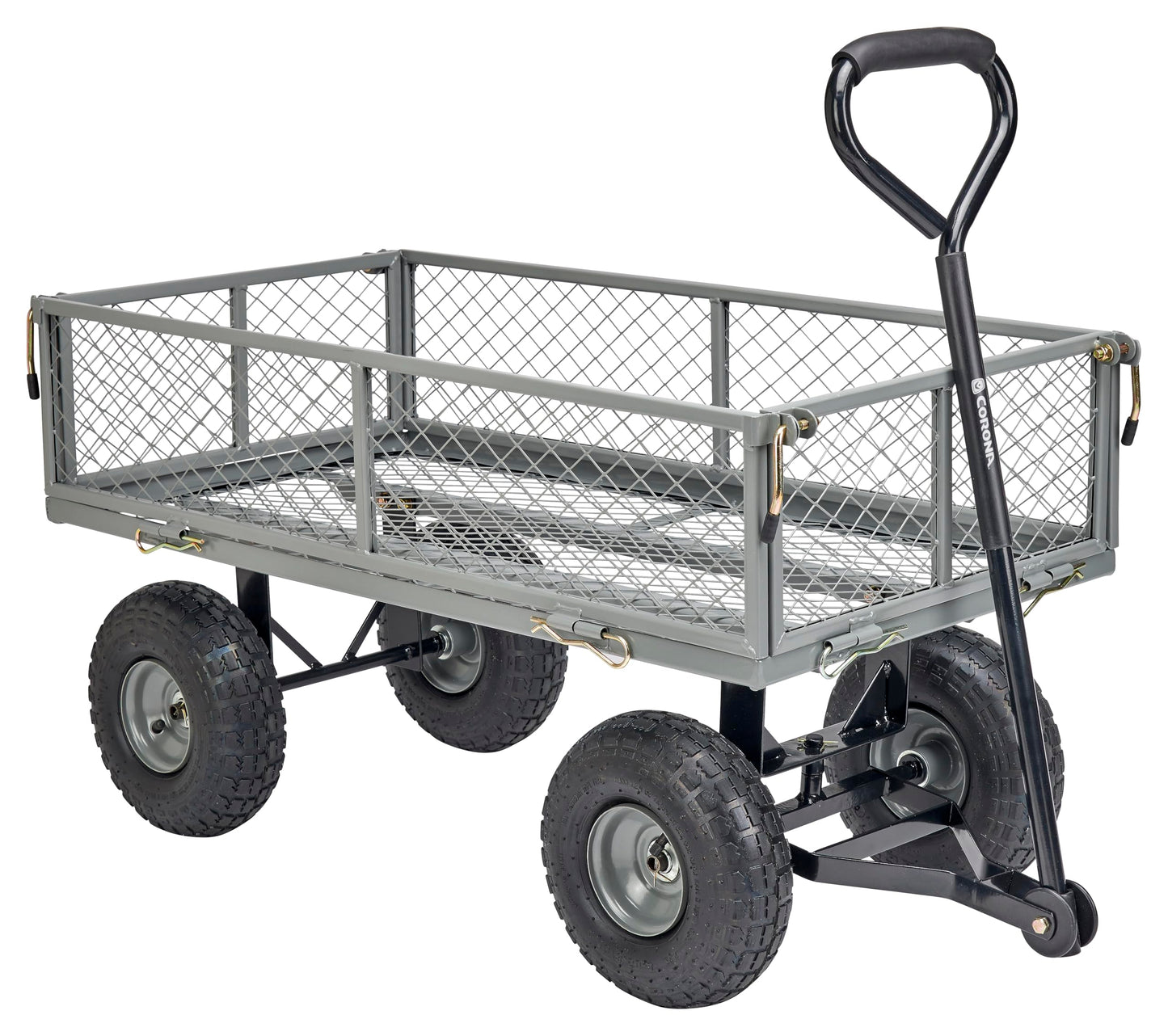 Corona Metal Landscape Cart 400 Pound Capacity Fold Down Sides 10 Inch Pneumatic Tires for Yard, Gardening, Bark, Planting