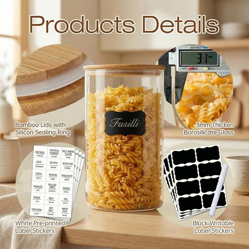 HomArtist Large Glass Food Storage Containers - 180oz Set of 2 with Airtight Bamboo Lids | Perfect for Flour, Sugar, Pasta, and More