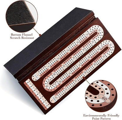 AMEROUS Wooden Cribbage Board Game Set with Magnetic Lock / 9 Metal Pegs / 2 Decks of Playing Cards/Larger Storage Area/Instruction Classic Tabletop Game for Family (3 Track Board)