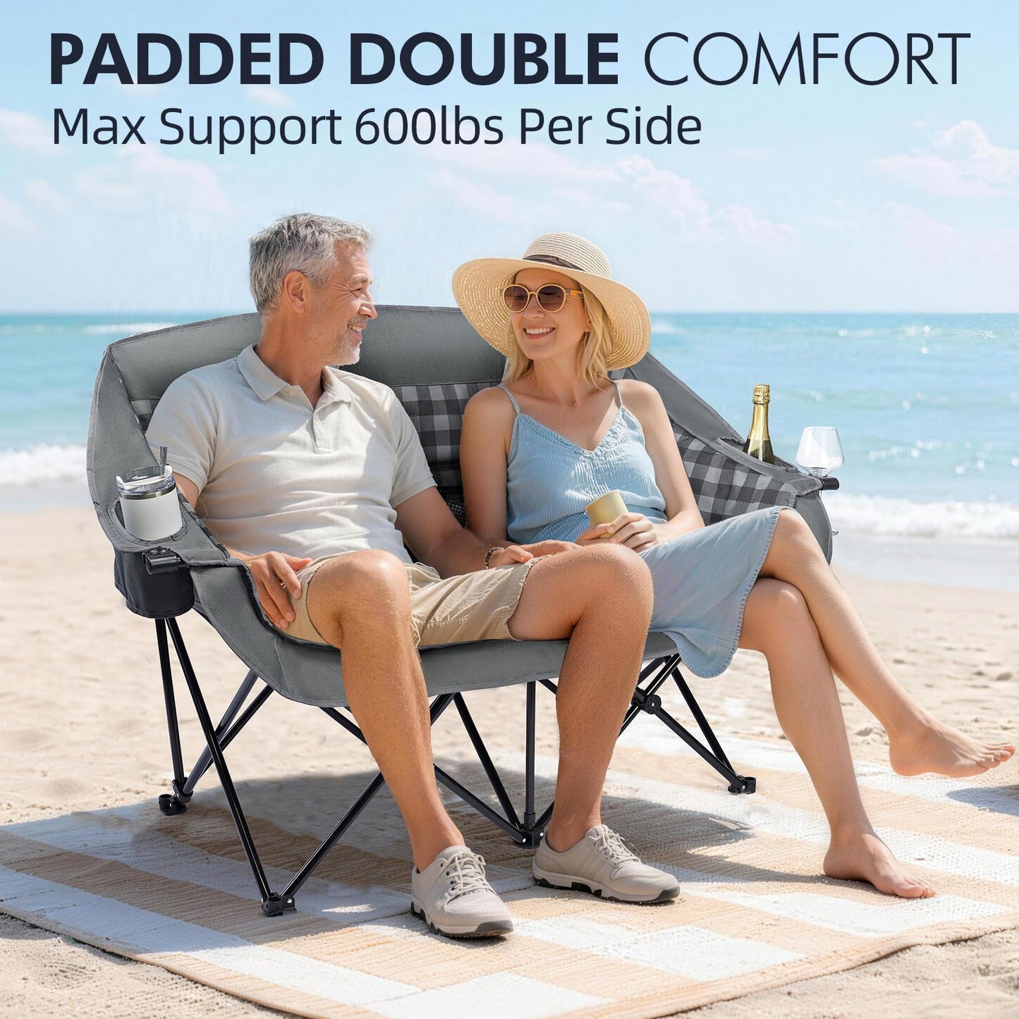 Double Camping Chairs Padded Loveseat Chair for 2 Person - Heavy Duty Oversized Camping Couch for Adults Outdoor Lawn Beach Portable Folding Sofa with Cup Holders Support 600lbs, Grey