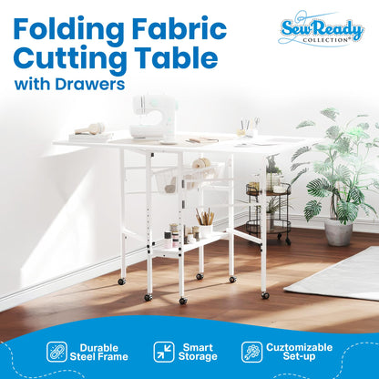 Sew Ready Folding Sewing Craft Table with Storage, Adjustable Height Cutting Desk with Drawers and Wheels for Quilting, Fabric, and Hobby Room, White