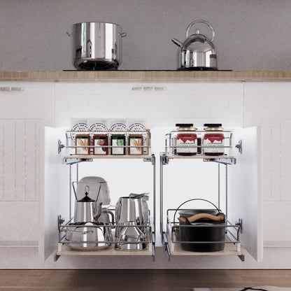 2 Tier Pull Out Cabinet Organizer 15" W X 22" D, Slide Out Drawers For Kitchen Cabinets, Pull Out Drawers For Cabinets Capacity Heavy Duty Caddy, Cabinet Pullout Shelves Wood Chrome, Pantry Storage